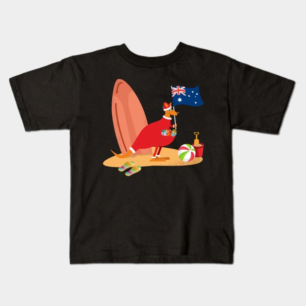 Santa Kangaroo on the Beach Kids T-Shirt by Artisan